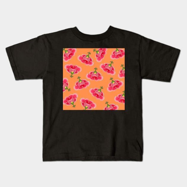 Chinese Vintage Pink and Red Flowers with Orange - Hong Kong Traditional Floral Pattern Kids T-Shirt by CRAFTY BITCH
